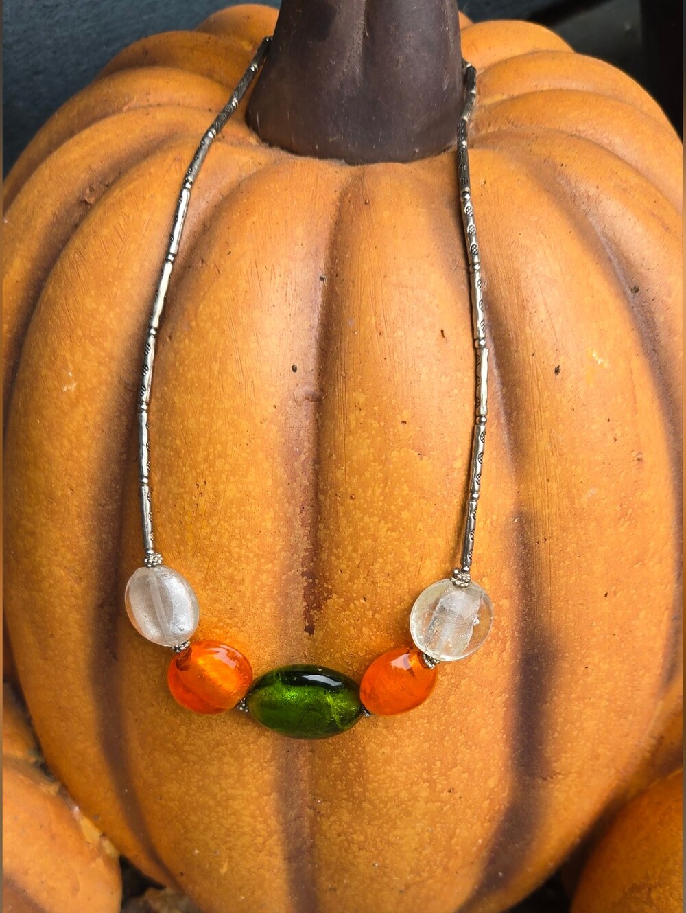 Handmade Green and Orange Glass Bead Necklace
